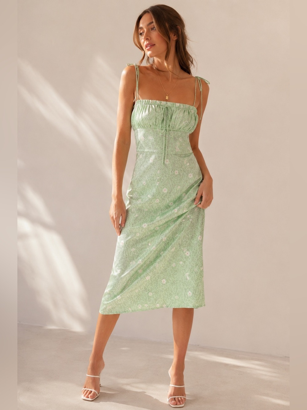 For Love & Lemons Robin Cheetah Midi Dress Green Floral Tie Strap Size S